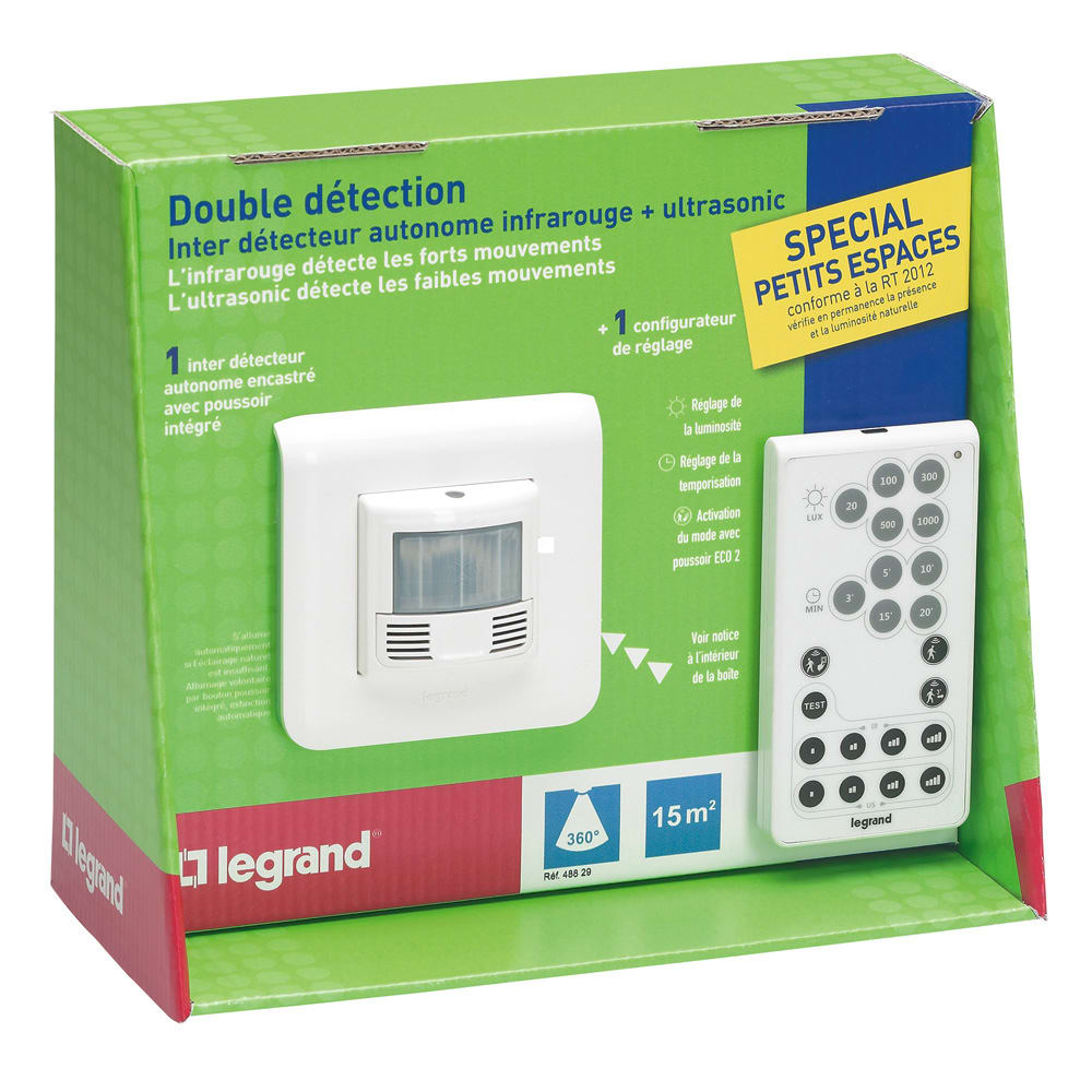 Legrand - Pret a poser detecteur ECO 2 Mosaic 048806 + telecommande 088235