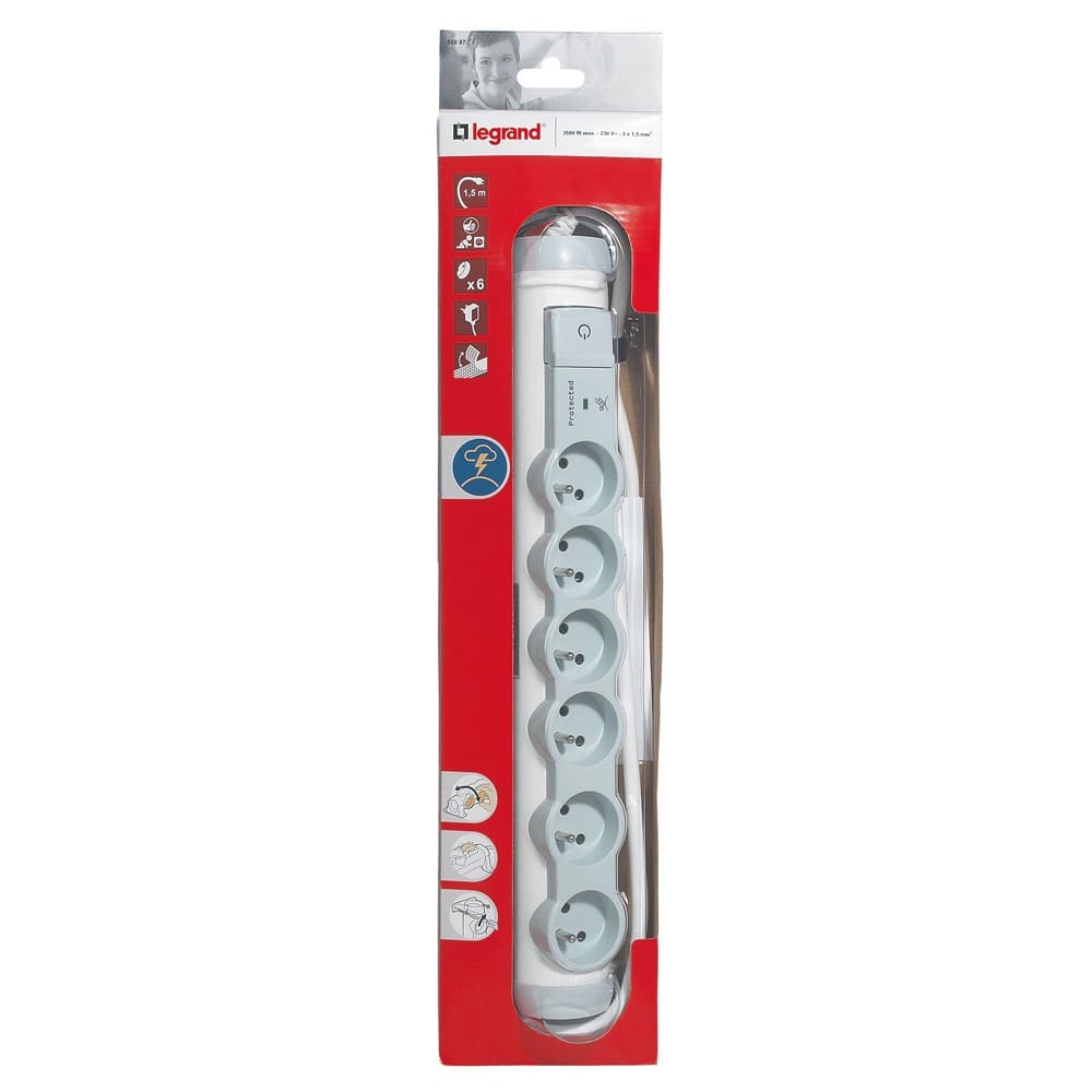 Legrand - Rallonge multiprise 6 prises 2P+T 16A 230V avec parafoudre - blanc et gris