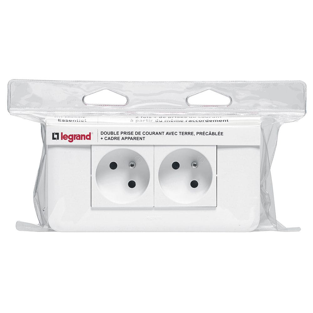 Legrand - Double prise precablee avec plaque Mosaic + cadre saillie - blanc