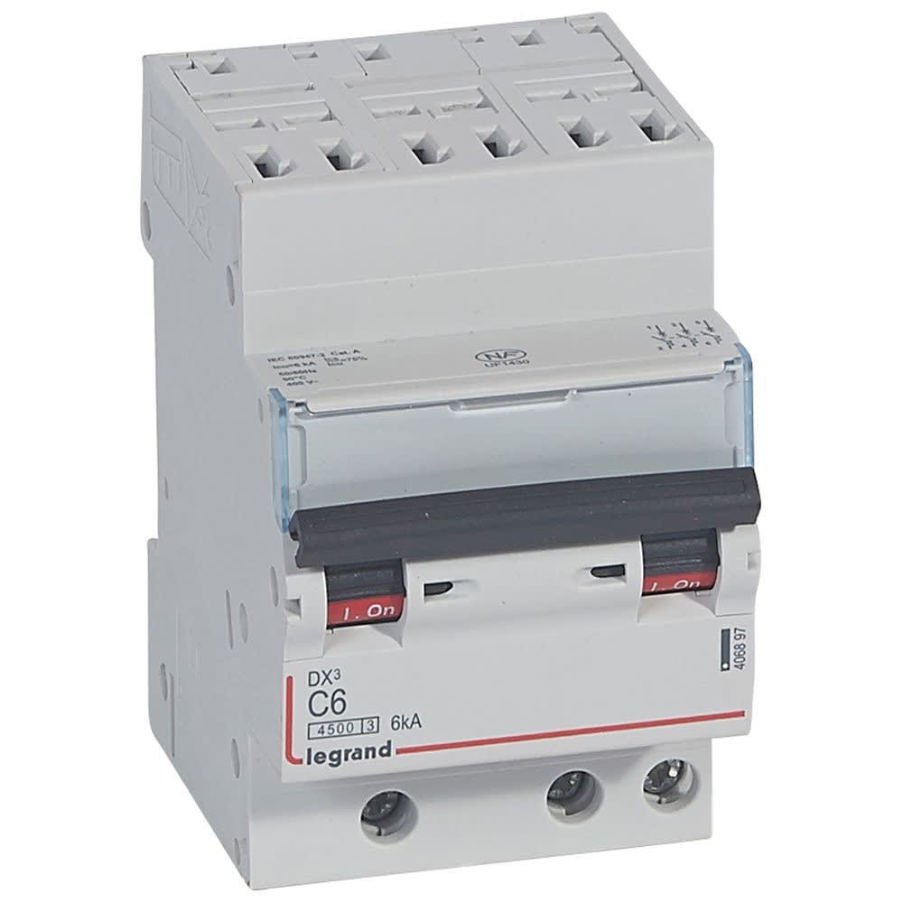 Legrand - Disjoncteur DX34500 6kA bornes auto/vis 3P 400V~ 6A courbe C - 3 modules