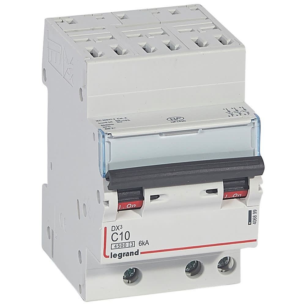 Legrand - Disjoncteur DX34500 6kA bornes auto/vis 3P 400V~ 10A courbe C - 3 modules