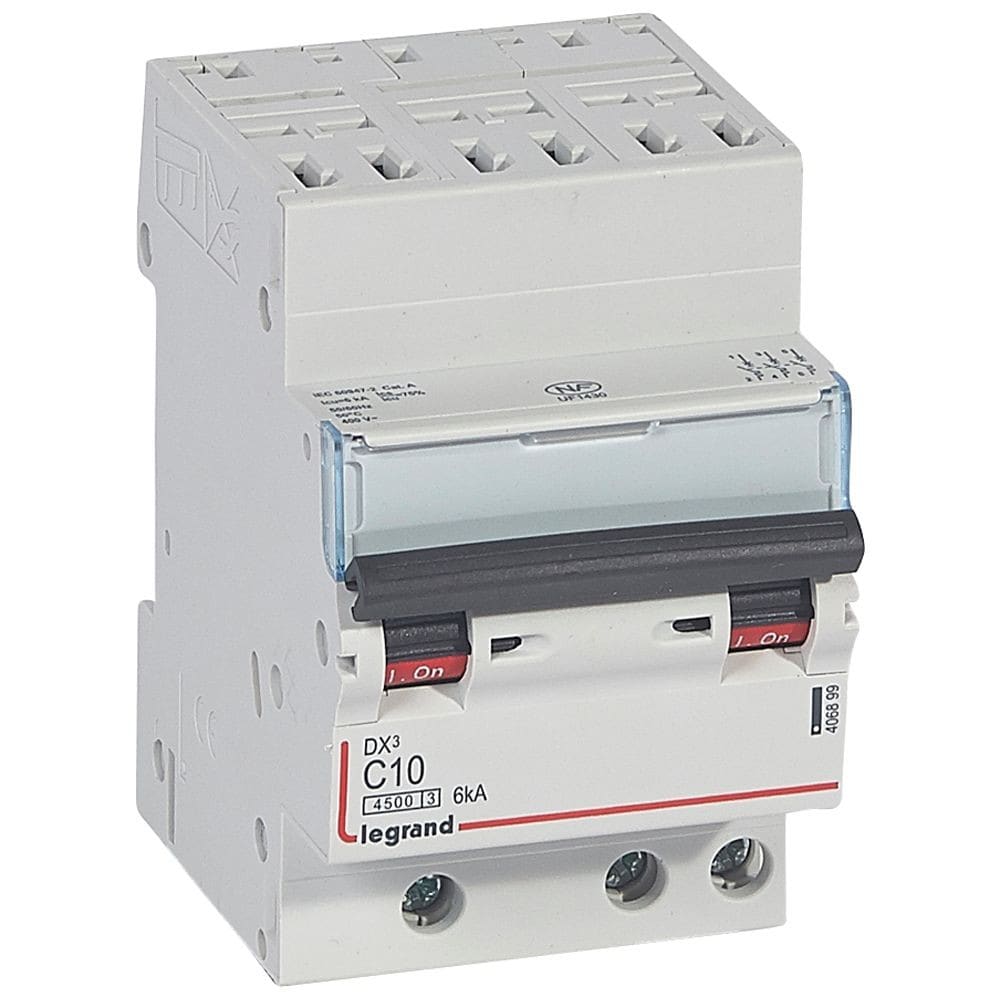 Legrand - Disjoncteur DX34500 6kA bornes auto/vis 3P 400V~ 10A courbe C - 3 modules