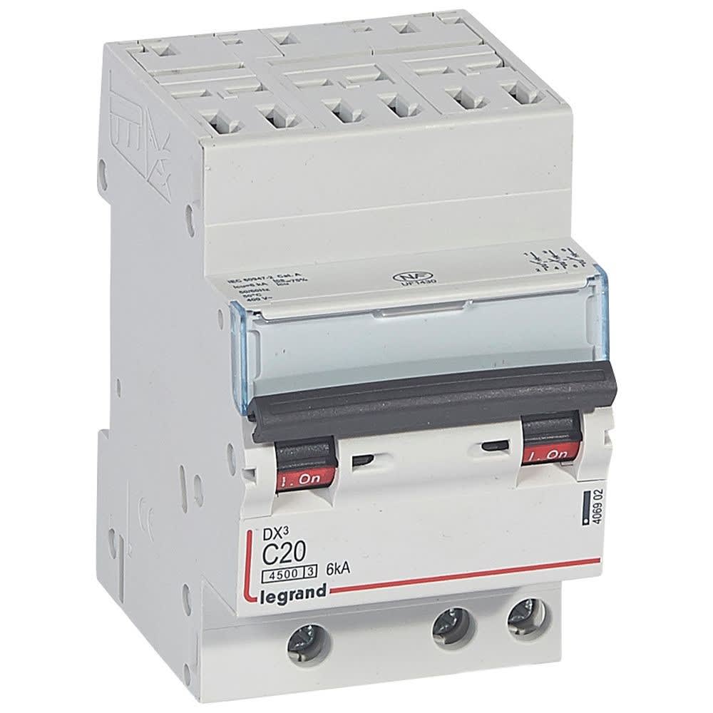 Legrand - Disjoncteur DX34500 6kA bornes auto/vis 3P 400V~ 20A courbe C - 3 modules