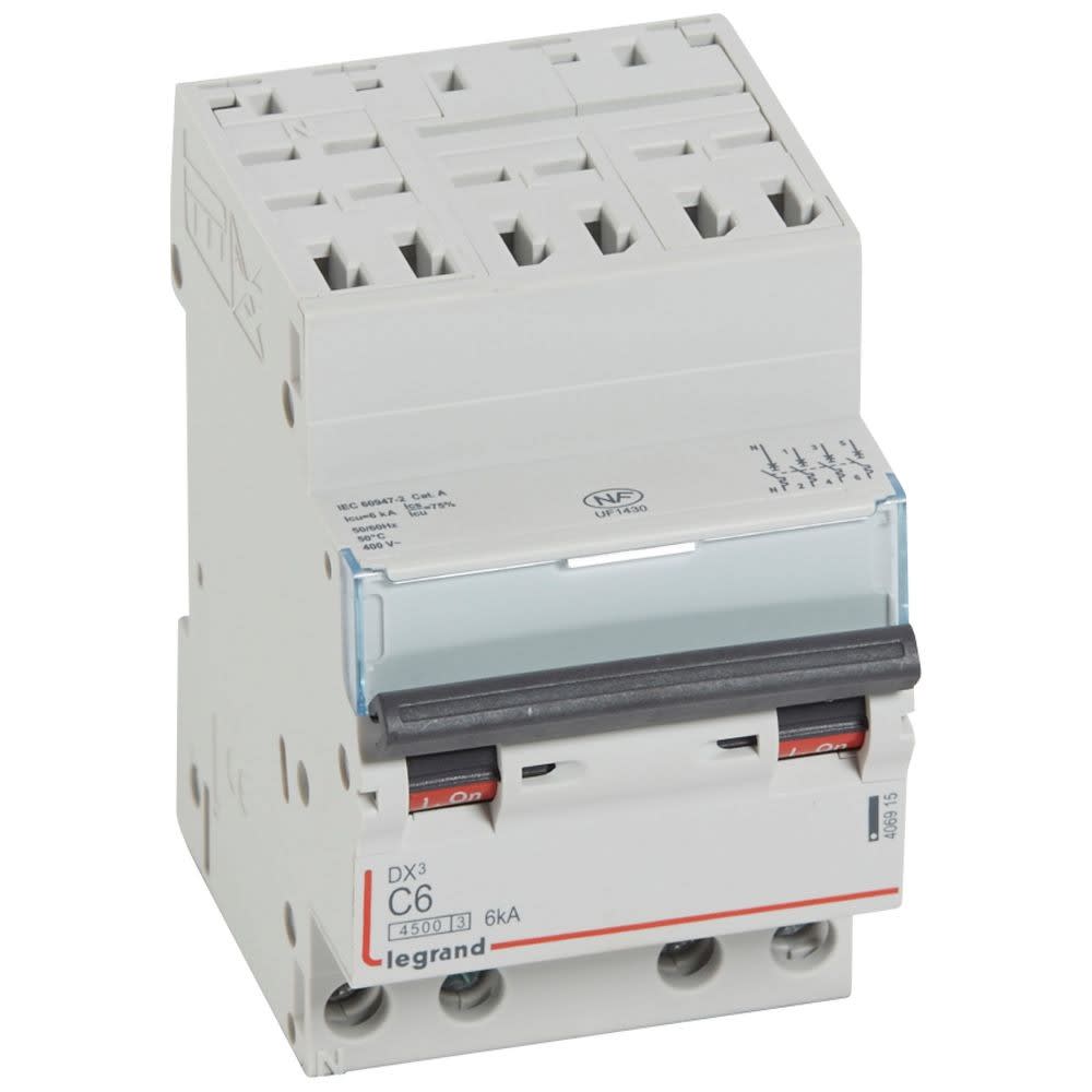 Legrand - Disjoncteur DX34500 6kA bornes auto/vis 4P 400V~ 6A courbe C - 3 modules