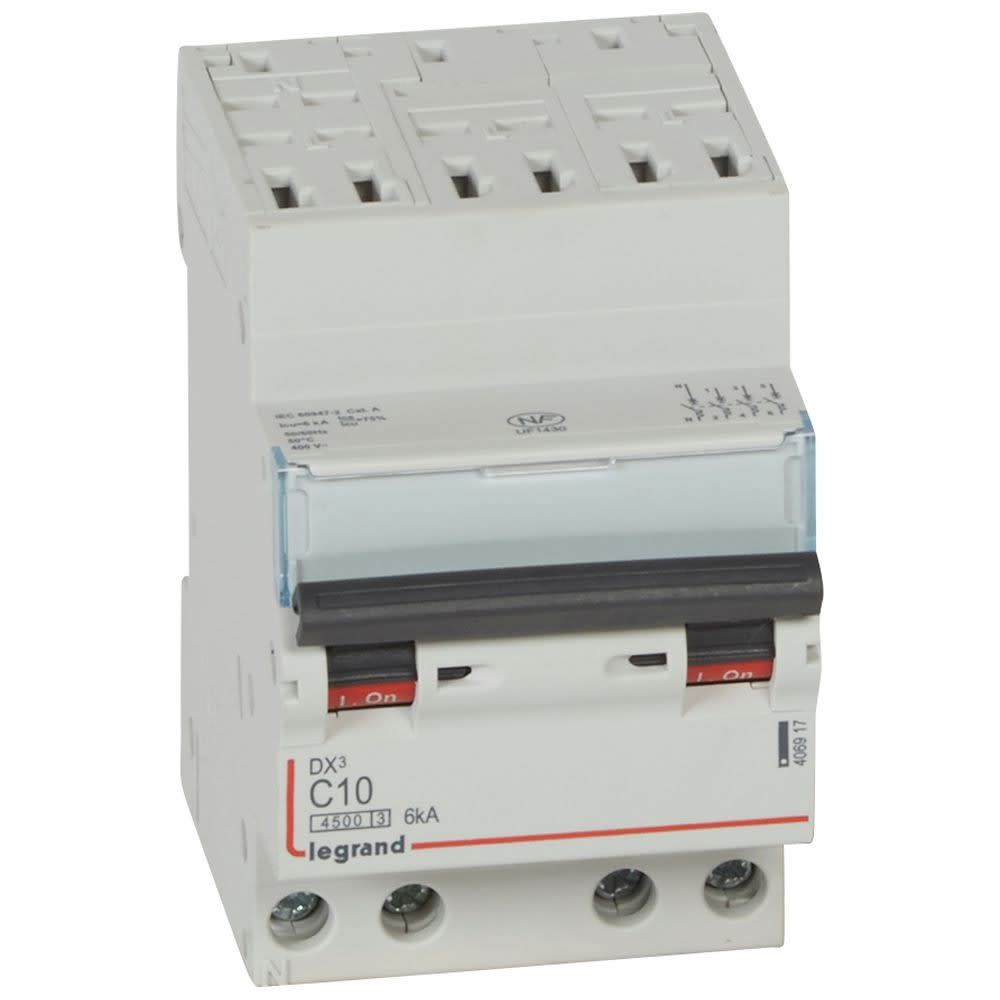 Legrand - Disjoncteur DX34500 6kA bornes auto/vis 4P 400V~ 10A courbe C - 3 modules