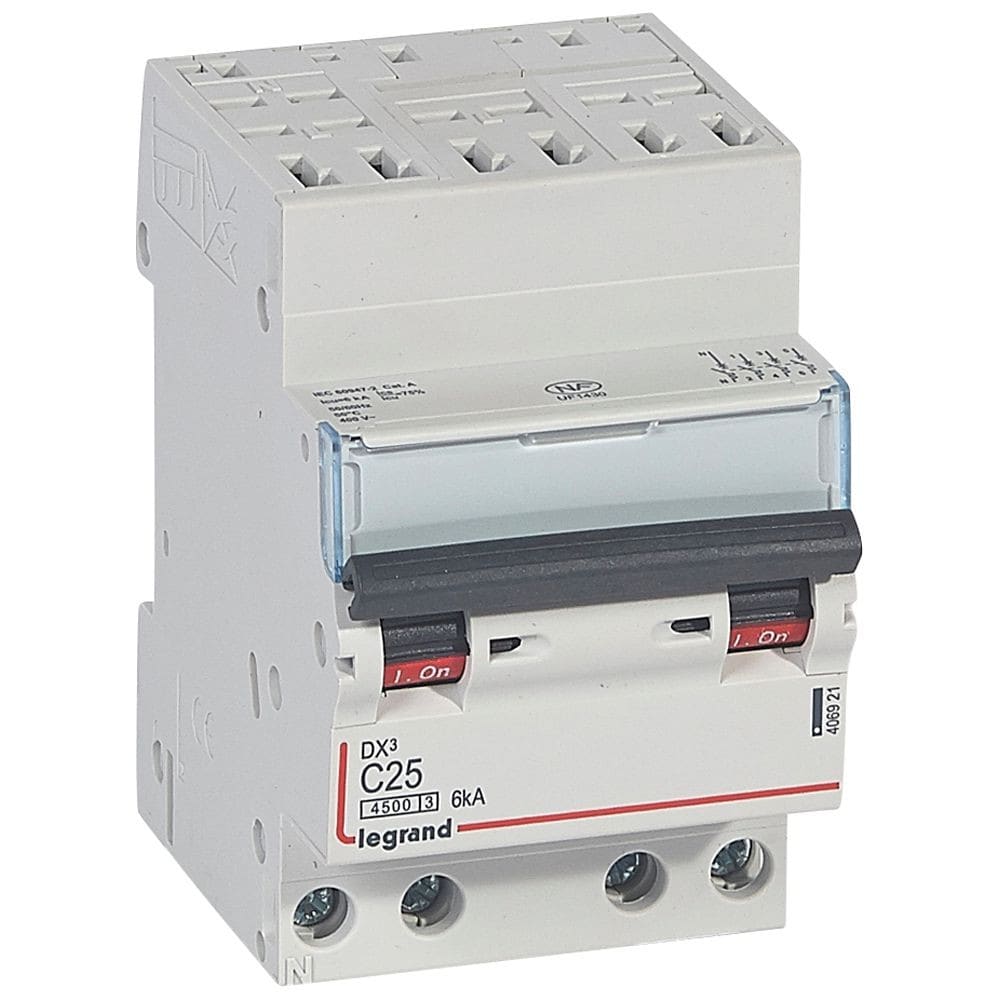 Legrand - Disjoncteur DX34500 6kA bornes auto/vis 4P 400V~ 25A courbe C - 3 modules