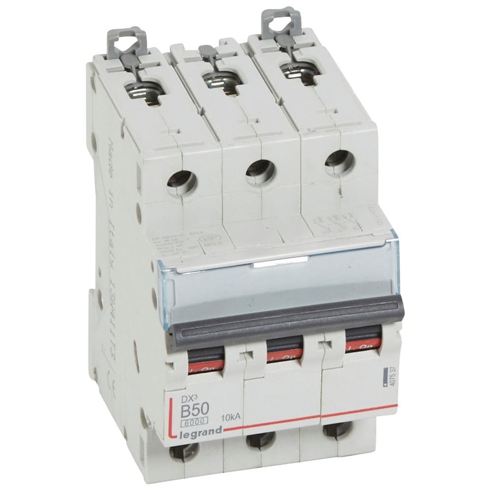 Legrand - Disjoncteur DX36000 10kA arrivée haute/départ bas vis 3P 50A courbe B - 3 mod