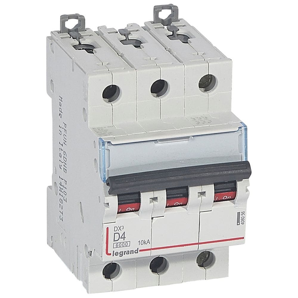 Legrand - Disjoncteur DX3 6000-vis/vis-3P-400V~-4A-10kA-courbe D-peigne HX3 trad 3P-3M