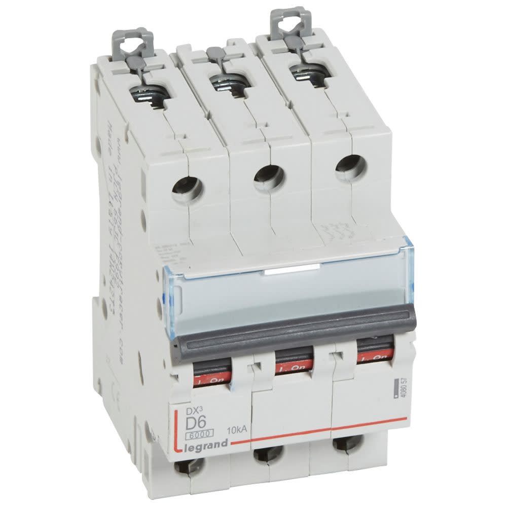 Legrand - Disjoncteur DX3 6000-vis/vis-3P-400V~-6A-10kA-courbe D-peigne HX3 trad 3P-3M