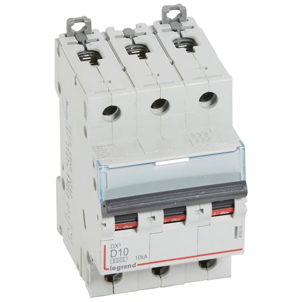 Legrand - Disjoncteur DX3 6000-vis/vis-3P-400V~-10A-10kA-courbe D-peigne HX3 trad 3P-3M
