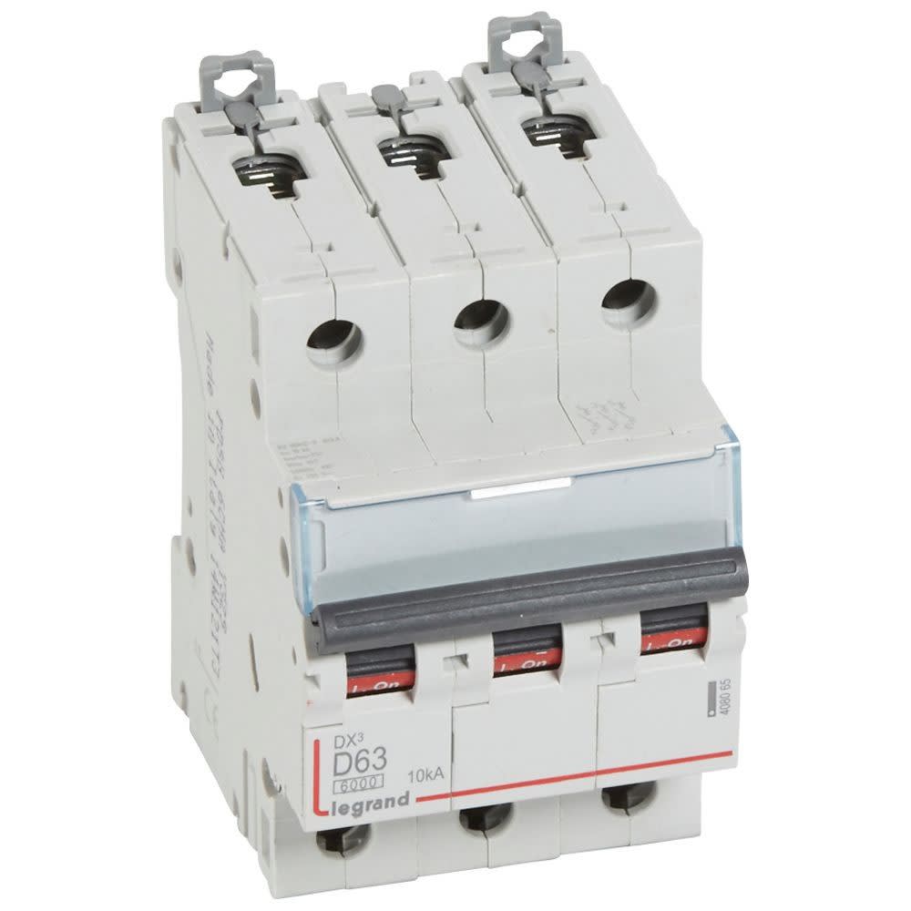 Legrand - Disjoncteur DX3 6000-vis/vis-3P-400V~-63A-10kA-courbe D-peigne HX3 trad 3P-3M
