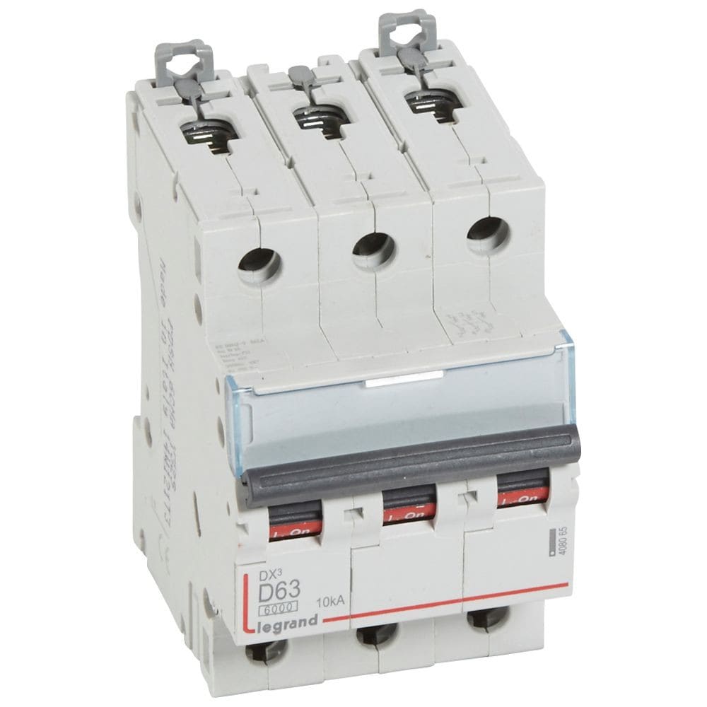 Legrand - Disjoncteur DX3 6000-vis/vis-3P-400V~-63A-10kA-courbe D-peigne HX3 trad 3P-3M