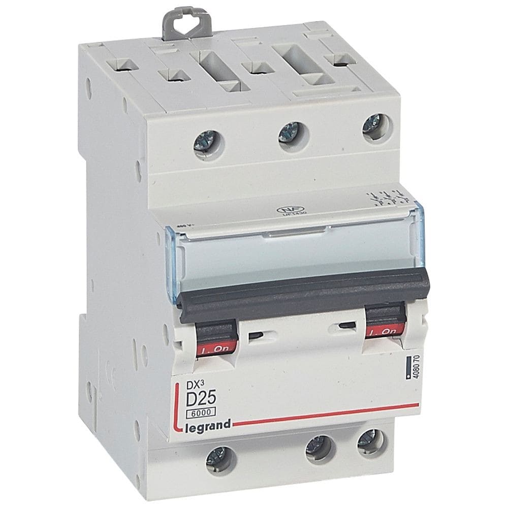 Legrand - Disjoncteur DX3 6000-vis/vis-3P-400V~-25A-courbe D-peigne HX3 opti 4P -3M