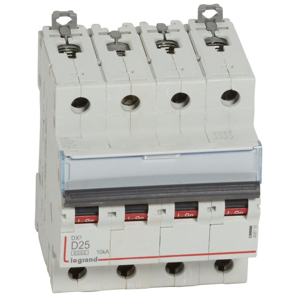 Legrand - Disjoncteur DX3 6000-vis/vis-4P-400V~-25A-10kA-courbe D-peigne HX3 trad 4P - 4M
