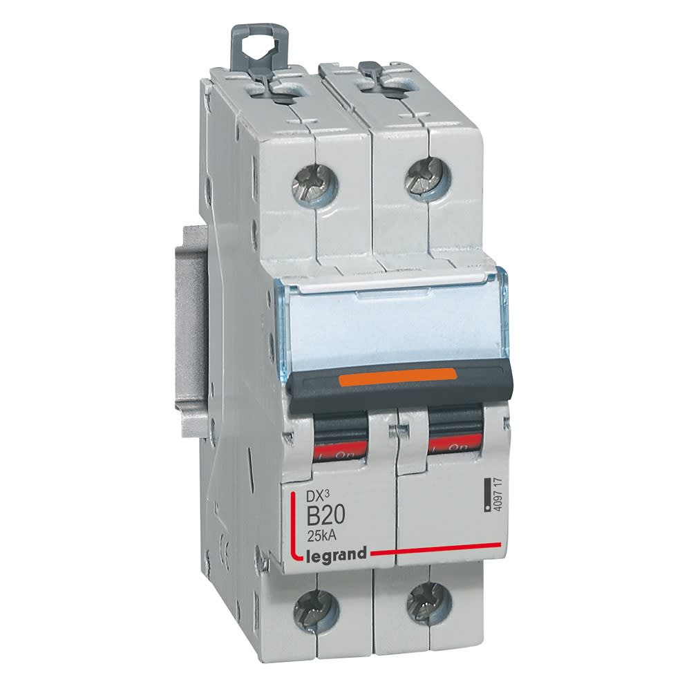 Legrand - Disjoncteur DX3 25kA arrivée haute/départ bas vis 2P 20A courbe B - 2 mod