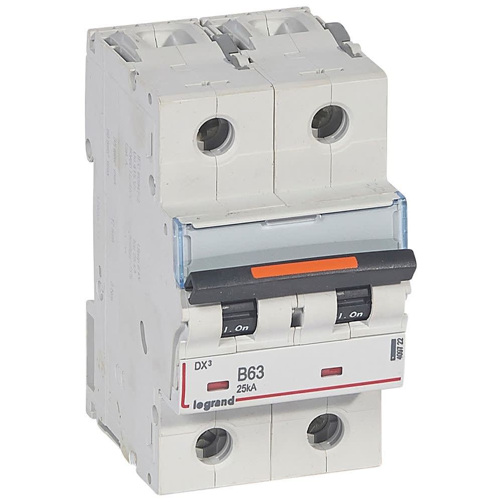 Legrand - Disjoncteur DX3 25kA arrivée haute/départ bas vis 2P 63A courbe B - 2 mod