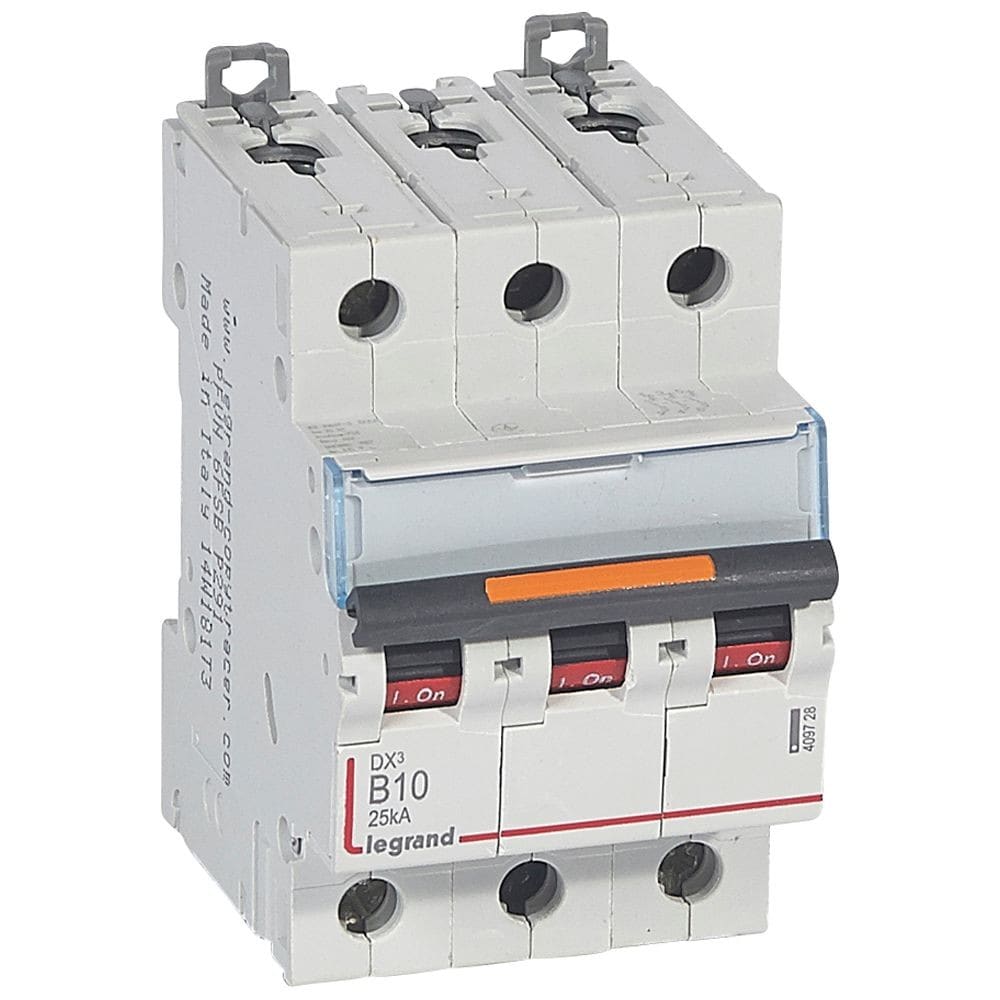 Legrand - Disj. DX3 25kA arrivée haute, départ bas à vis 3P 400V~ - 10A courbe B 3modules