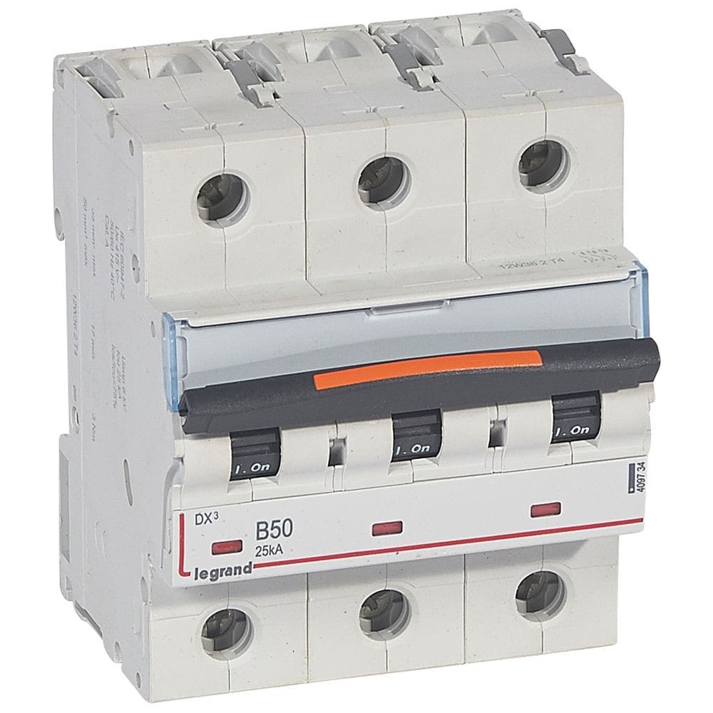 Legrand - Disjoncteur DX3 25kA arrivée haute/départ bas vis 3P 50A courbe B - 4,5 mod
