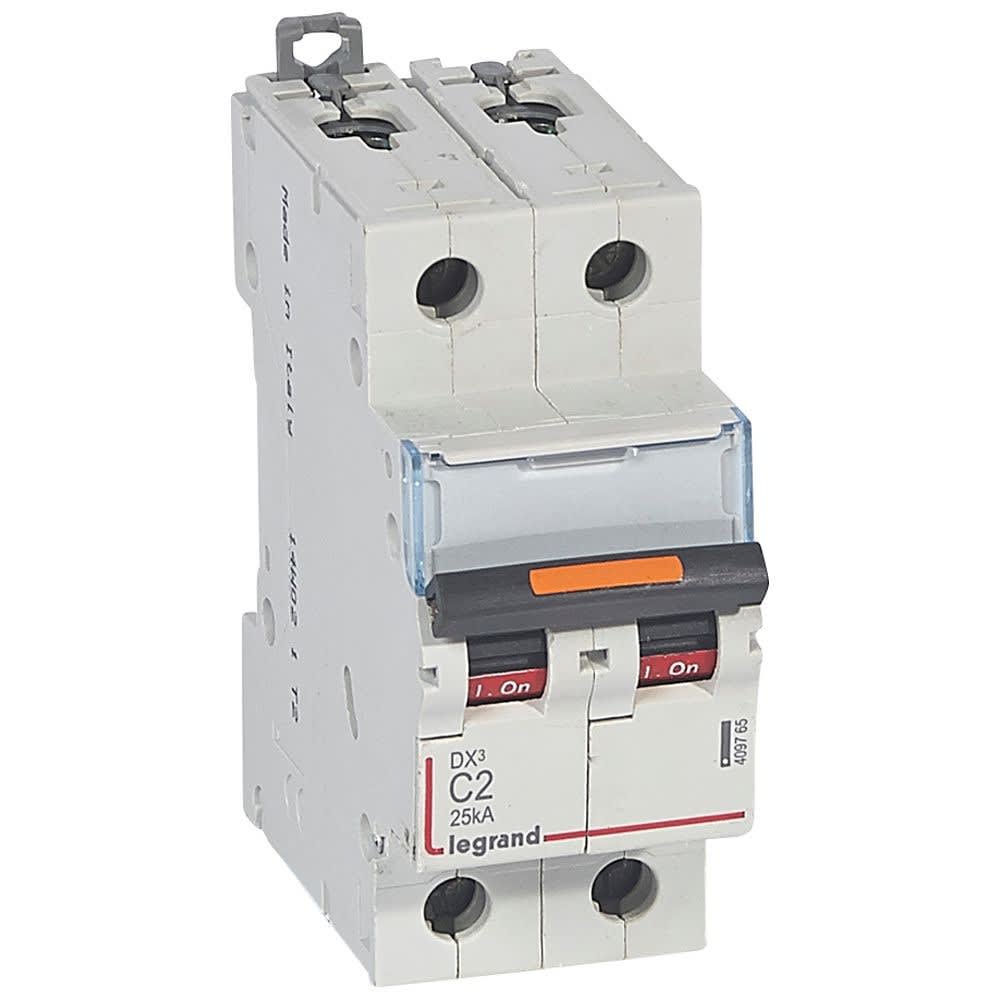 Legrand - Disjoncteur DX3 25kA arrivée haute/départ bas vis 2P 2A -courbe C - 2 mod