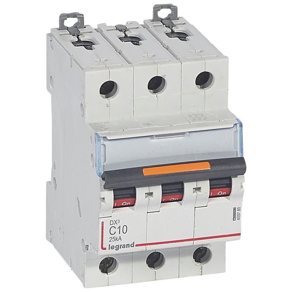 Legrand - Disj. DX3 25kA arrivée haute, départ bas à vis 3P 400V~ - 10A courbe C 3 modules