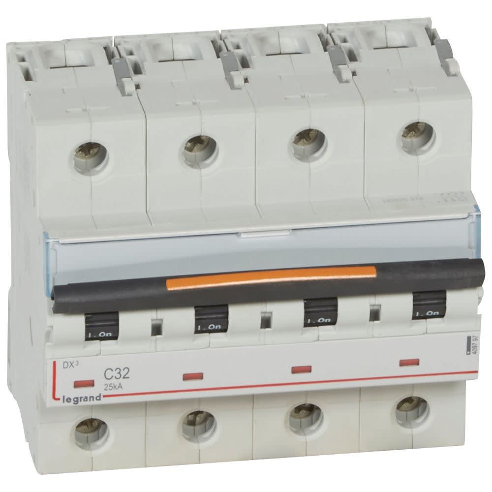Legrand - Disjoncteur DX3 25kA arrivée haut/départ bas vis 4P 400V~ 32A courbe C 6 modules
