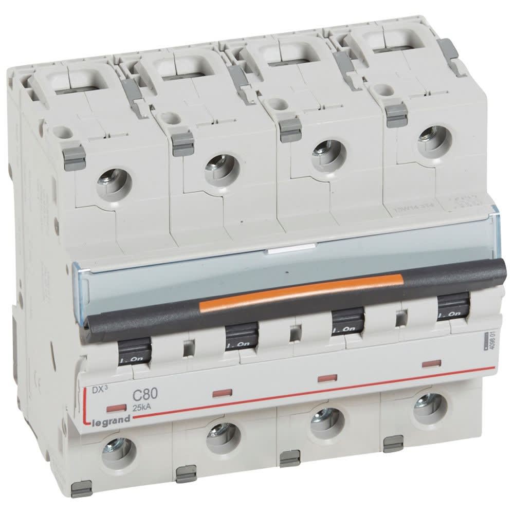 Legrand - Disjoncteur DX3 25kA arrivée haut/départ bas vis 4P 400V~ 80A courbe C 6 modules
