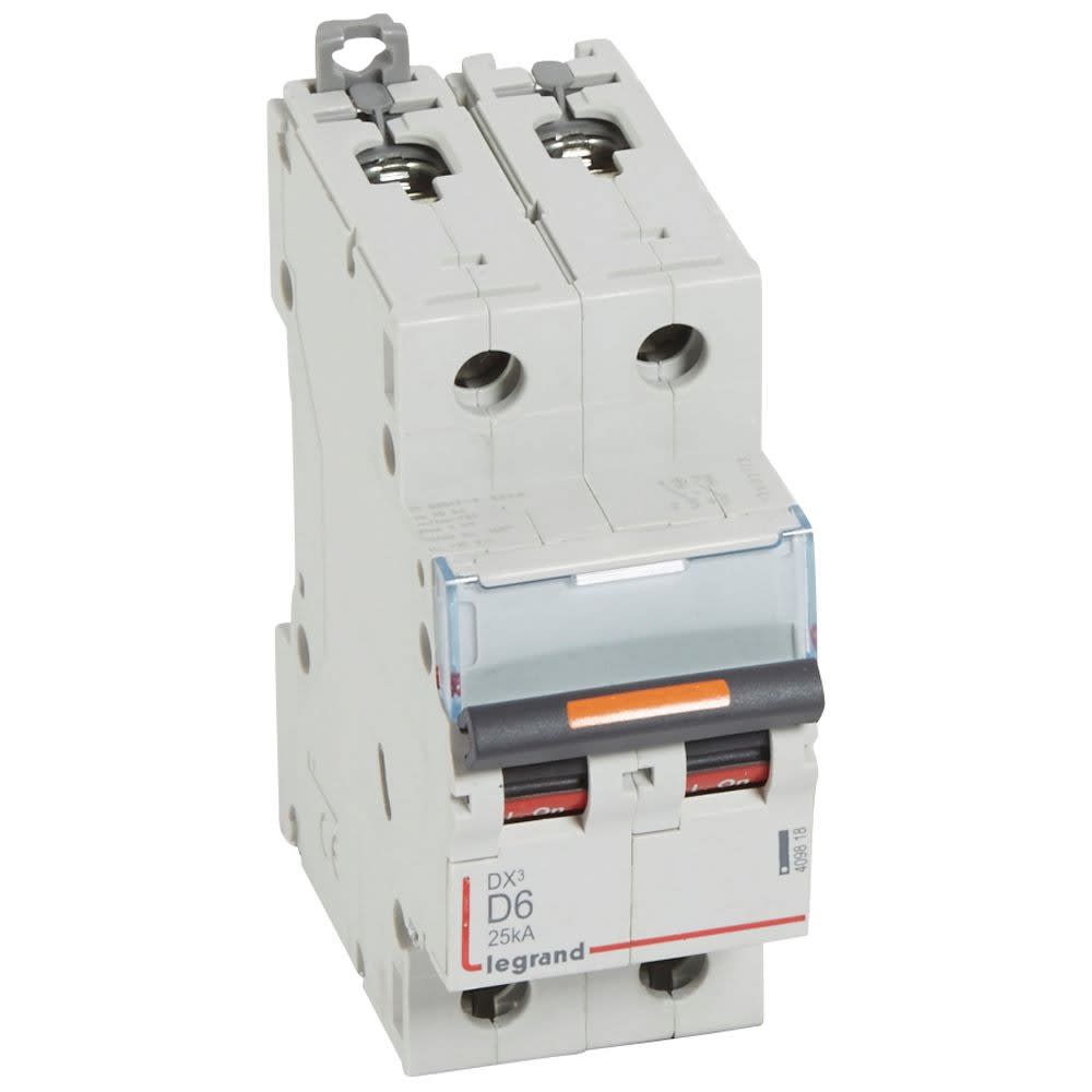Legrand - Disjoncteur DX3 25kA arrivée haute/départ bas vis 2P 6A -courbe D - 2 mod
