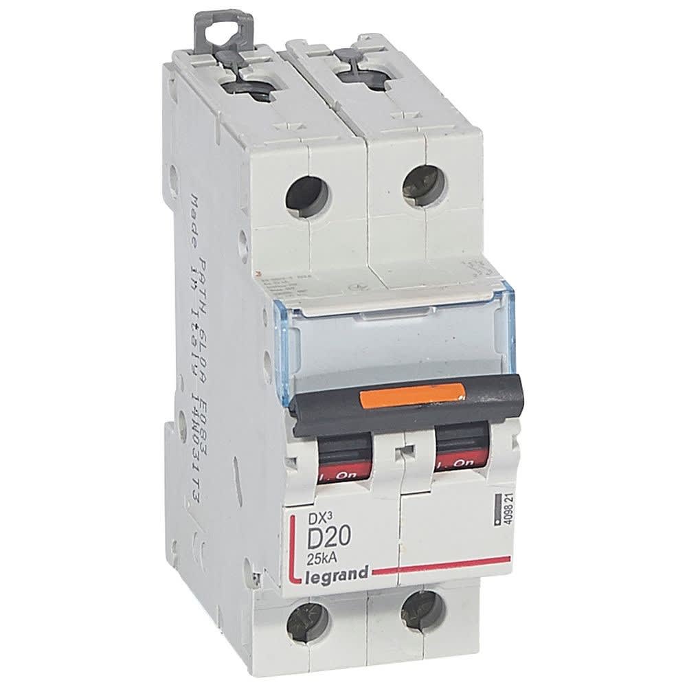 Legrand - Disjoncteur DX3 25kA arrivée haute/départ bas vis 2P 20A -courbe D - 2 mod
