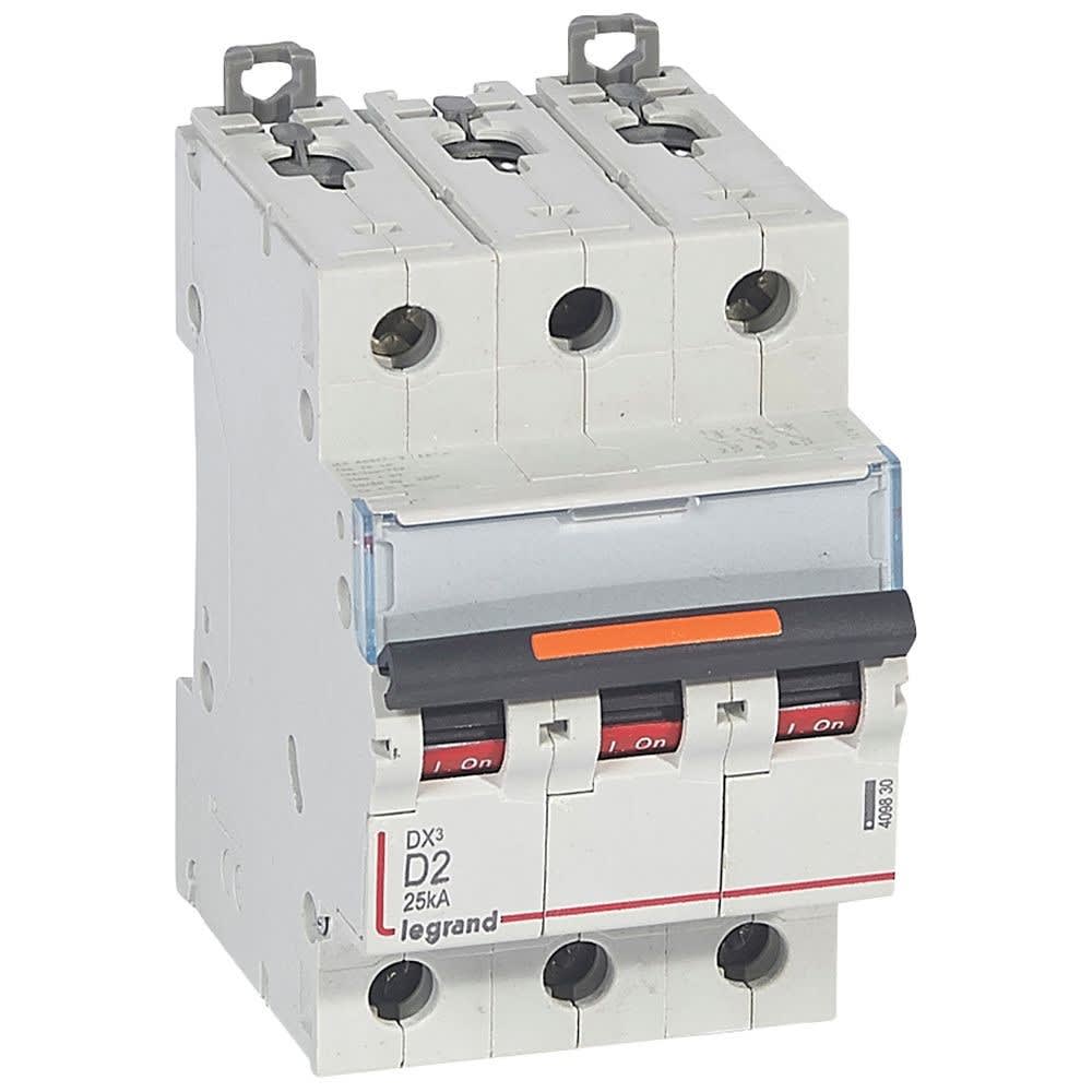 Legrand - Disjoncteur DX3 25kA arrivée haute/départ bas vis 3P 2A -courbe D - 3 mod