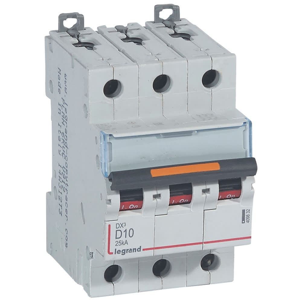 Legrand - Disjoncteur DX3 25kA arrivée haute/départ bas vis 3P 10A -courbe D - 3 mod