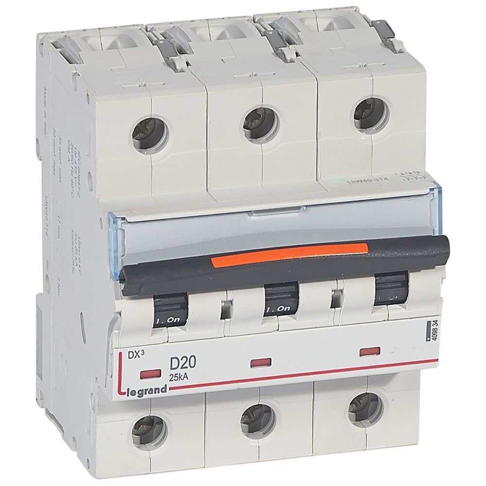Legrand - Disjoncteur DX3 25kA arrivée haute/départ bas vis 3P 20A -courbe D - 4,5 mod