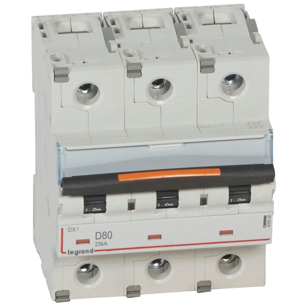 Legrand - Disjoncteur DX3 25kA arrivée haute/départ bas vis 3P 80A -courbe D - 4,5 mod