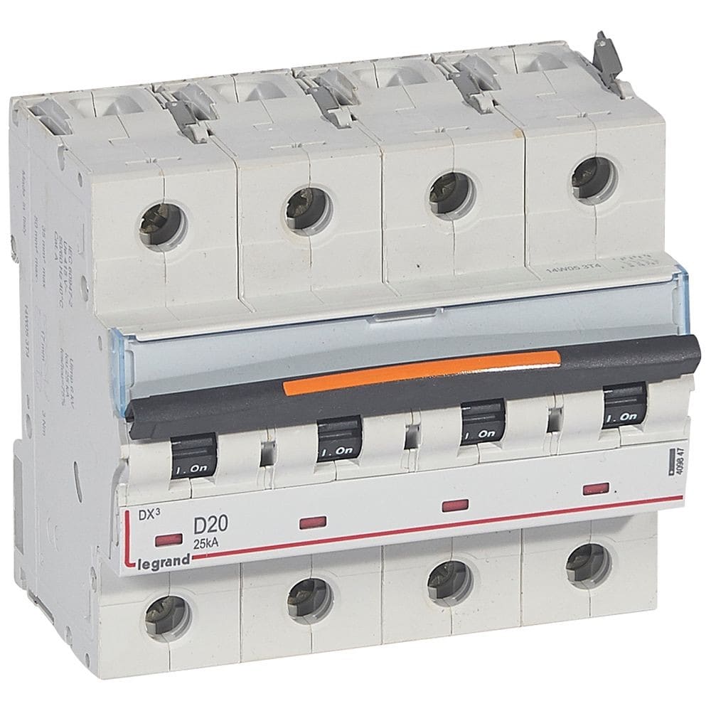 Legrand - Disjoncteur DX3 25kA arrivée haute/départ bas vis 4P 20A -courbe D - 6 mod