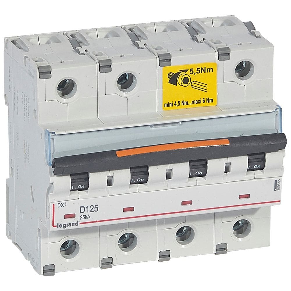 Legrand - Disjoncteur DX3 25kA arrivée haut/départ bas vis 4P 125A - courbe D - 6 modules