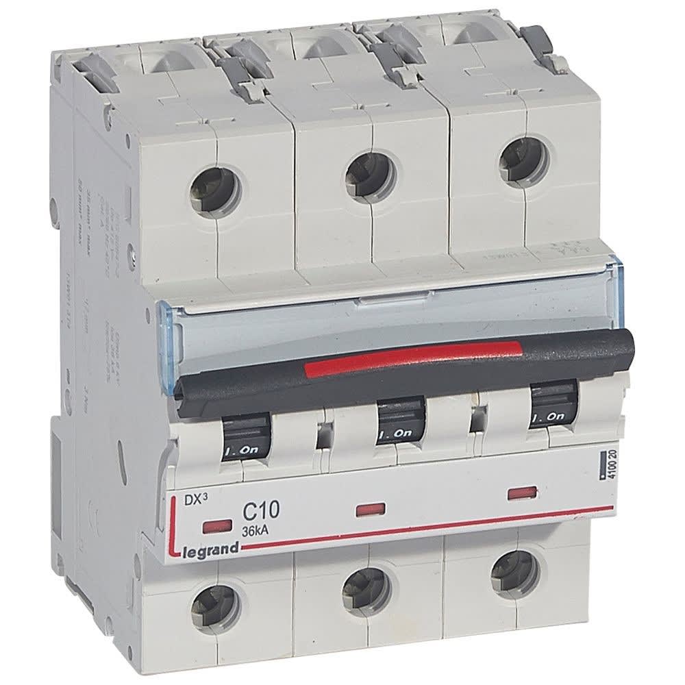 Legrand - Disjoncteur DX3 36kA arrivée haute/départ bas vis 3P 10A - courbe C - 4,5 mod