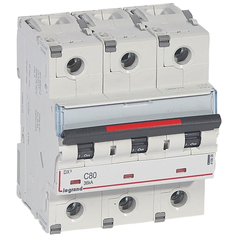 Legrand - Disjoncteur DX3 36kA arrivée haute/départ bas vis 3P 80A - courbe C - 4,5 mod