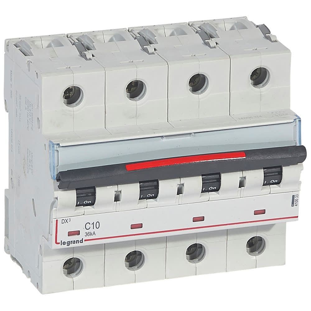 Legrand - Disjoncteur DX3 36kA arrivée haute/départ bas vis 4P 10A - courbe C - 6 mod