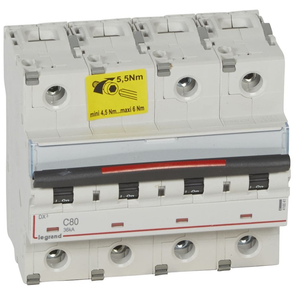 Legrand - Disjoncteur DX3 36kA arrivée haute/départ bas vis 4P 80A - courbe C - 6 mod