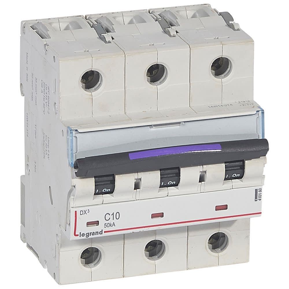 Legrand - Disjoncteur DX3 50kA arrivée haute/départ bas vis 3P 10A - courbe C - 4,5 mod