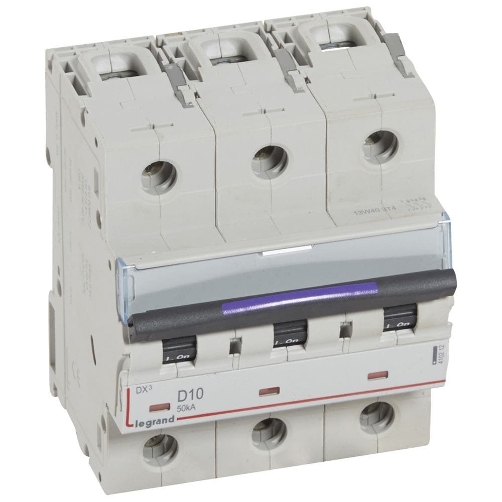 Legrand - Disjoncteur DX3 50kA arrivée haute/départ bas vis 3P 10A - courbe D - 4,5 mod