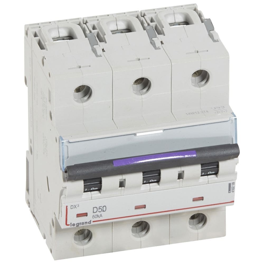 Legrand - Disjoncteur DX3 50kA arrivée haute/départ bas vis 3P 50A - courbe D - 4,5 mod