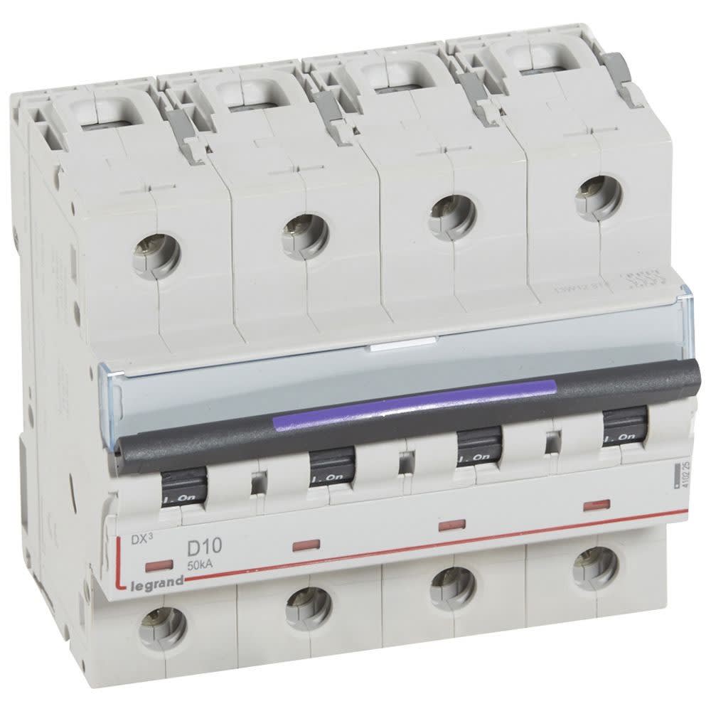 Legrand - Disjoncteur DX3 50kA arrivée haute/départ bas vis 4P 10A - courbe D - 6 mod