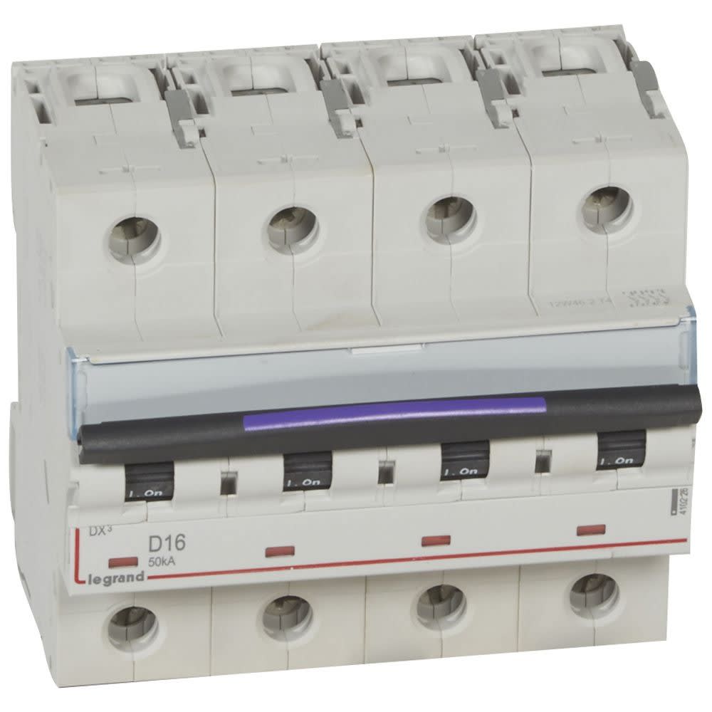 Legrand - Disjoncteur DX3 50kA arrivée haute/départ bas vis 4P 16A - courbe D - 6 mod