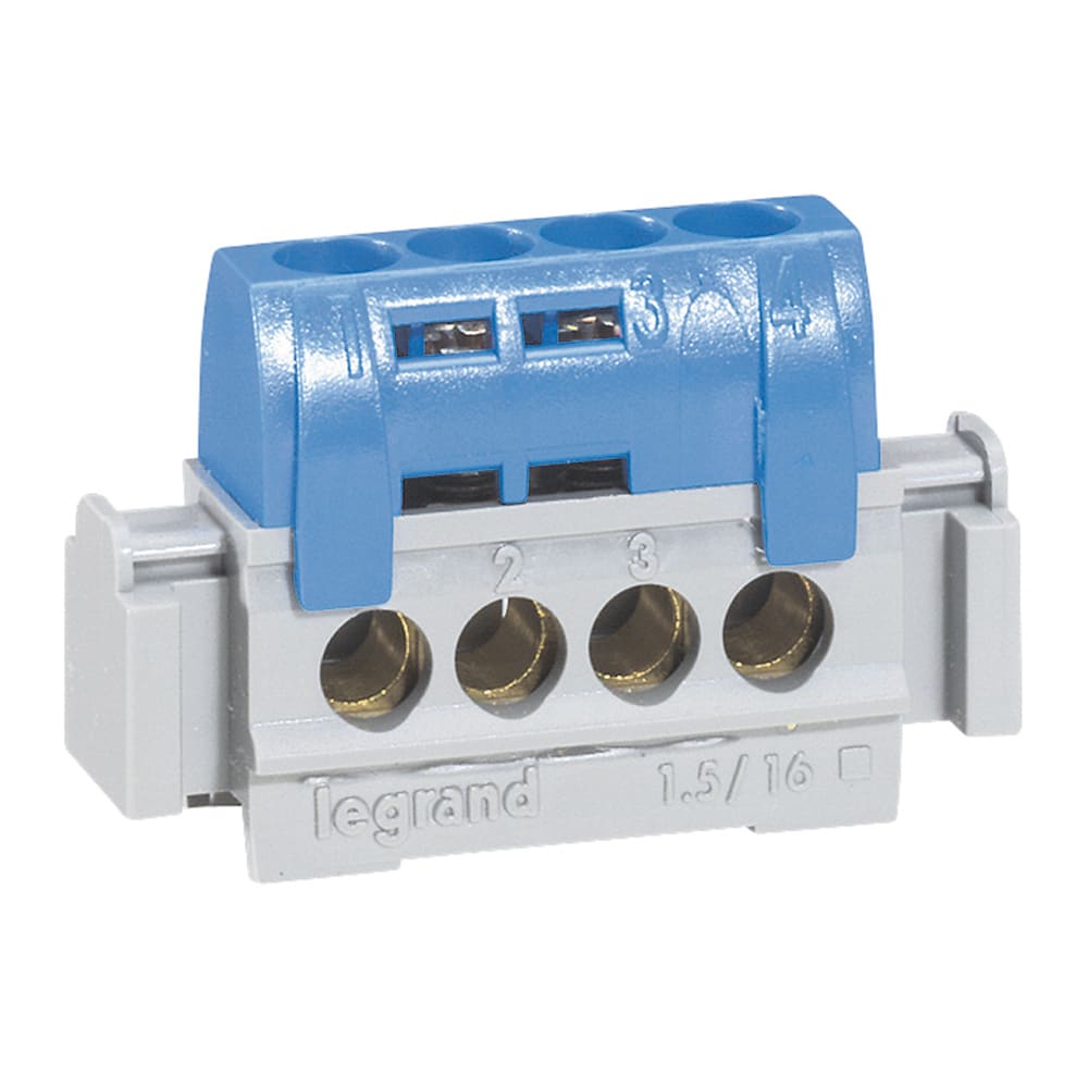 Legrand - Bornier de repartition isole IP2X neutre - 4x1,5mm2 a 16mm2 - bleu - long. 47mm