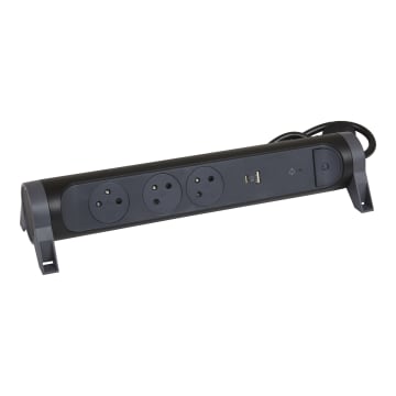 050412 Rallonge multiprise clipsable avec 4 prises 2P+T , 2 prises USB  Type-A , interrupteur lumineux et cordon 1,5m - noir - professionnel