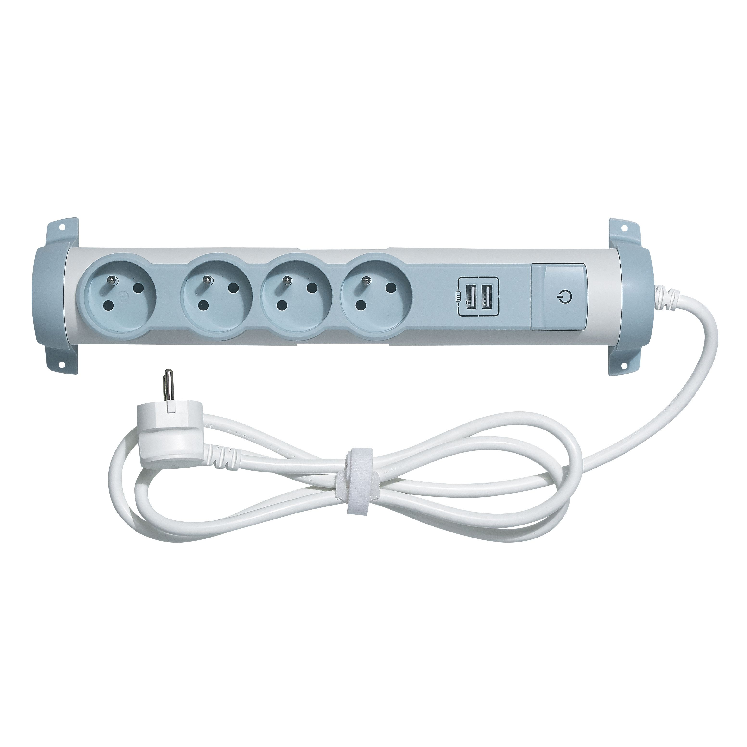 Rallonge 4 prises de courant + 2 chargeurs USB - Blanc et gris