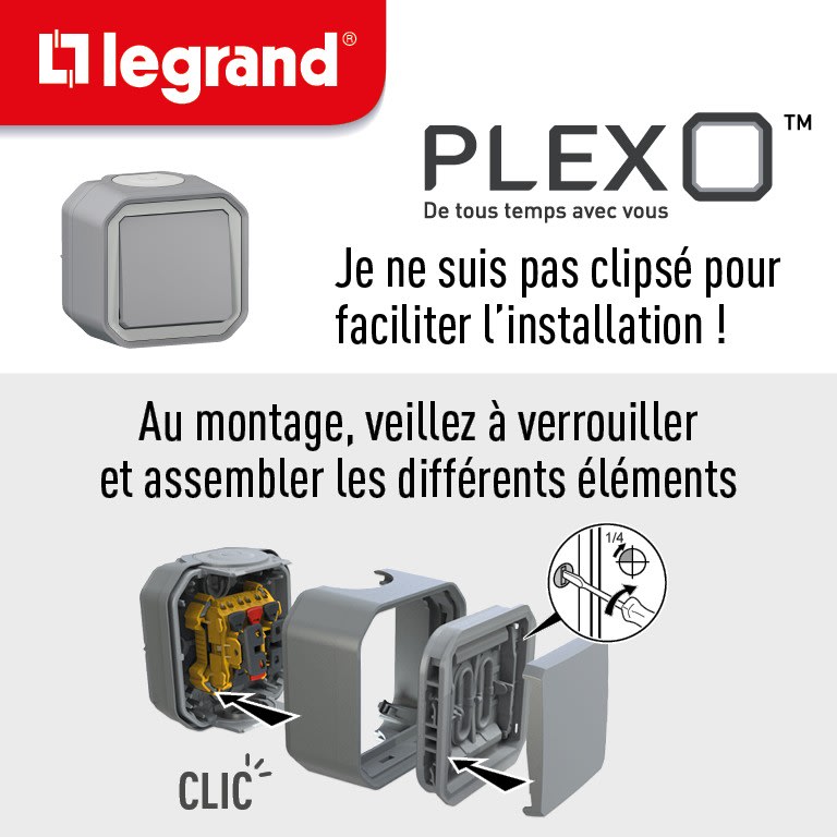 Poussoir NO lumineux Plexo composable - gris Legrand