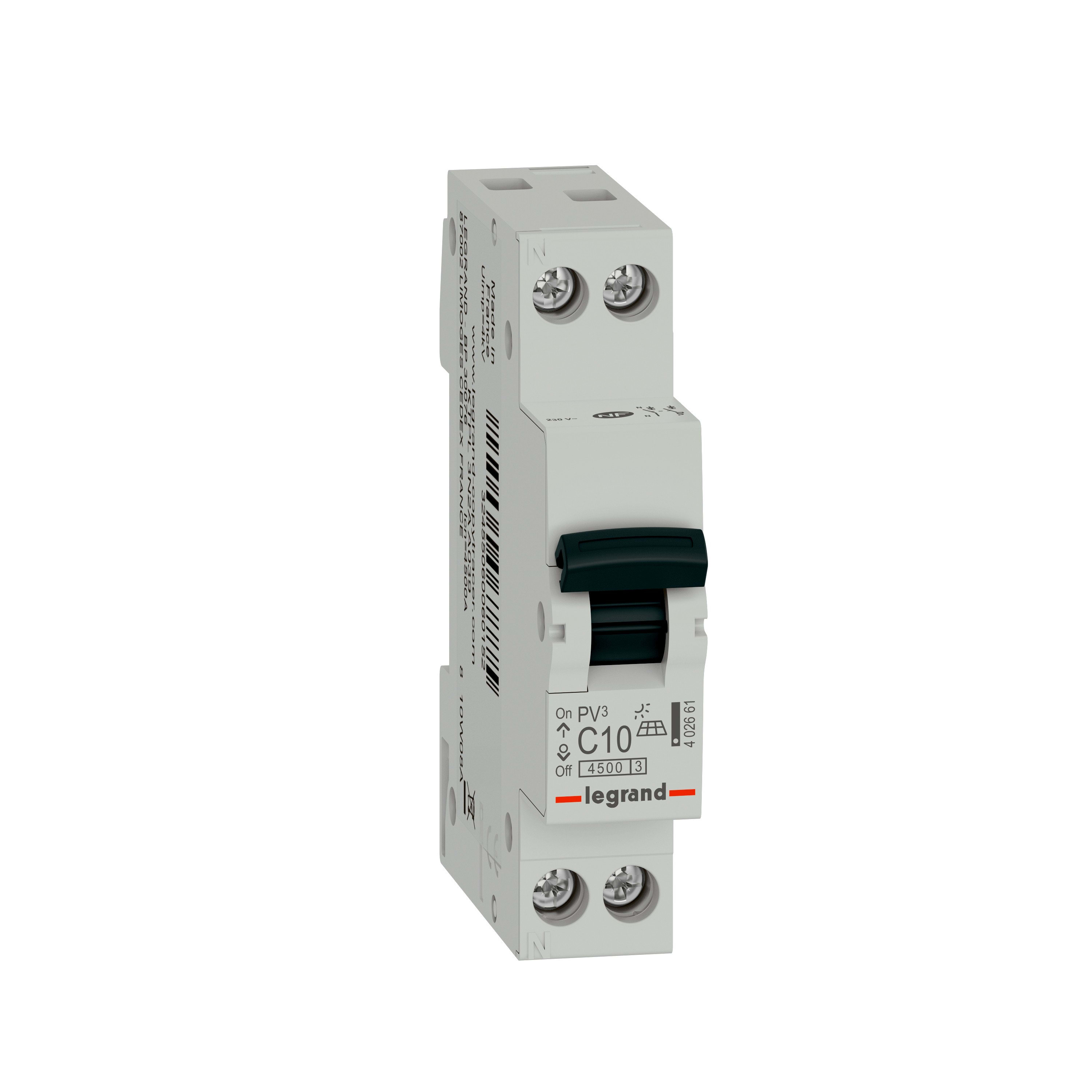 Legrand - Disjoncteur PV3 4500 - vis/vis - U+N 230V~ 10A - 4,5kA - courbe C - 1 module