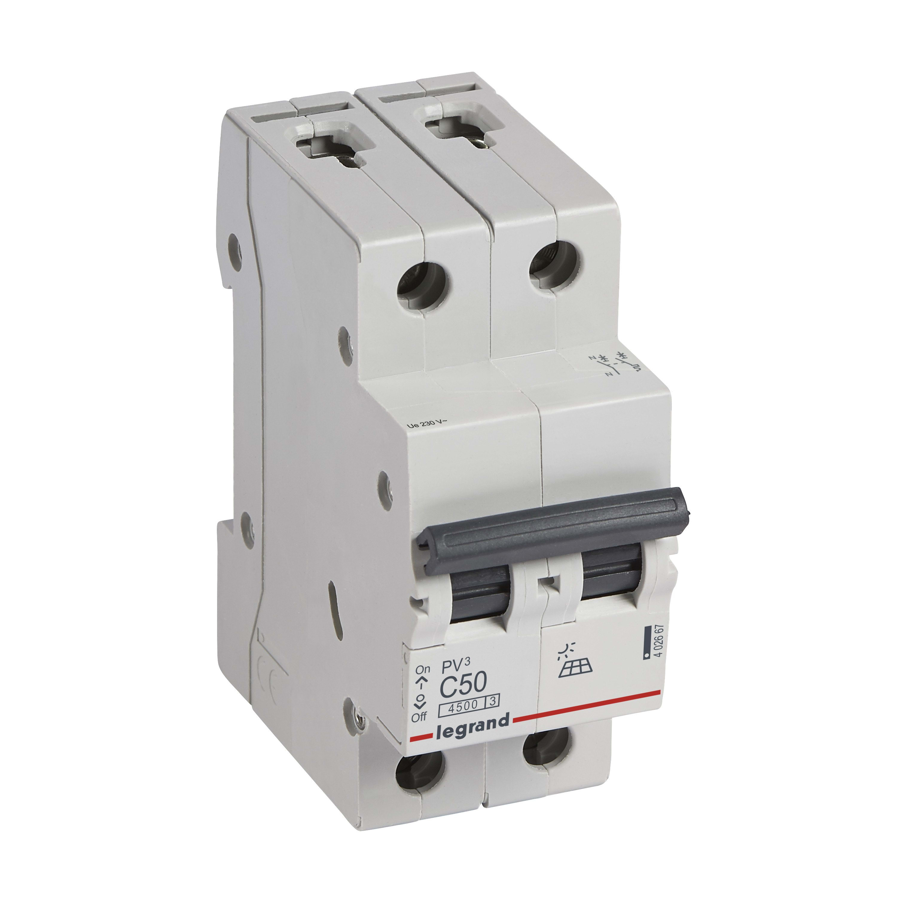 Legrand - Disjoncteur PV3 4500 - vis/vis - U+N 230V~ 50A - 4,5kA - courbe C - 2 modules