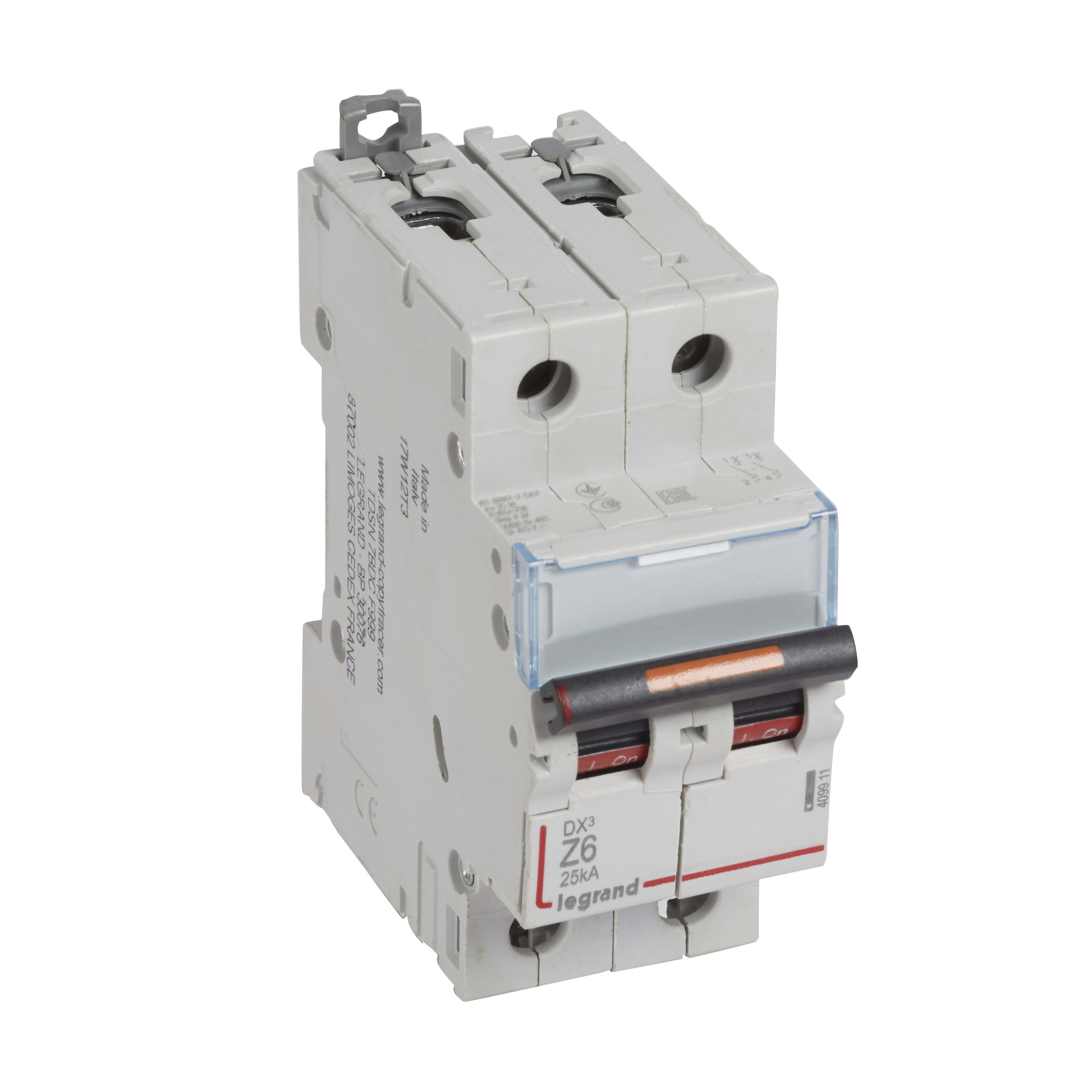 Legrand - Disjoncteur DX3 25kA arrivée haute/départ bas vis 2P 6A - courbe Z - 2 mod